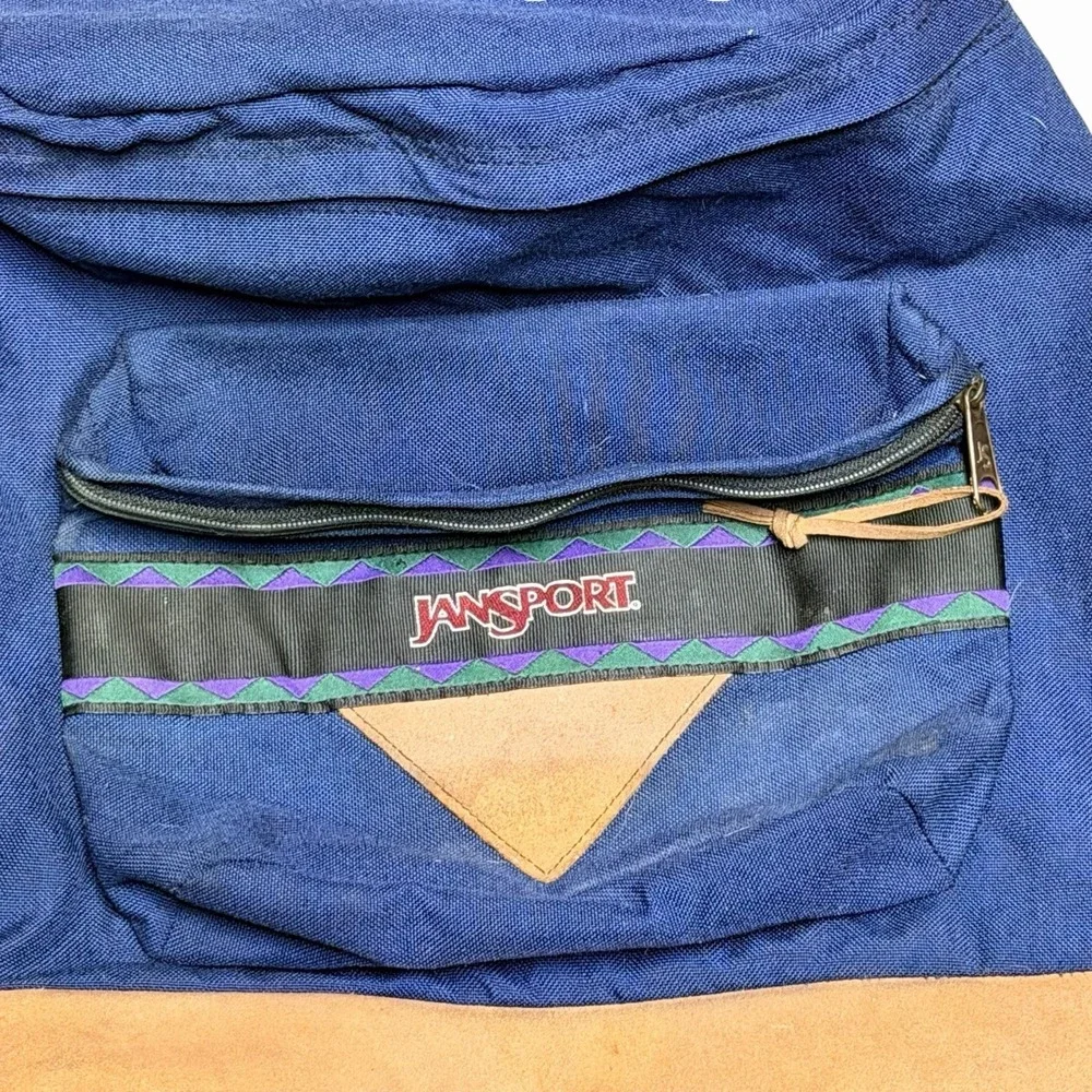Vintage 90s JanSport Navy Blue & Brown Leather Bottom Backpack Made in the USA
